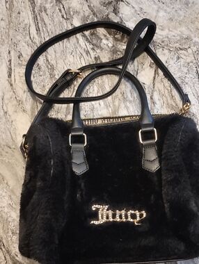 Juicy Couture Black Faux Fur Satchel with Gold Logo Accent